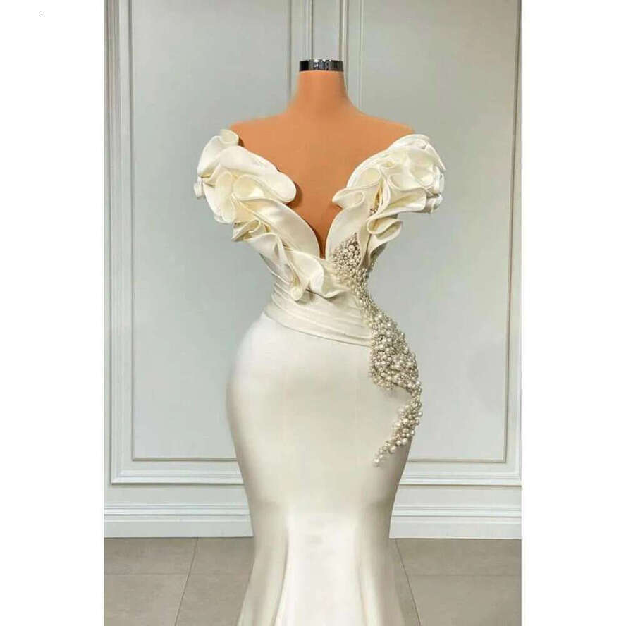 Mermaid Long Evening Dresses Off Shoulder Pearls Pleated Dubai Women Ruffles Formal Ocn Party Prom Gown Vestido