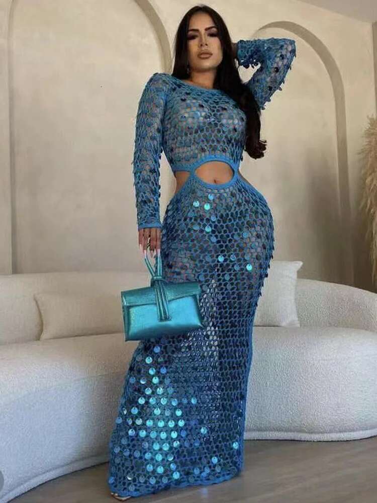 Fishnet Knitting Hollow Sequins Maxi Dress Sexy See Through Holiday Long Sleeve Slim Summer Vacation Beach Dresses