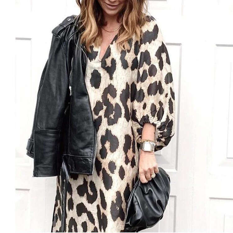 Spring And Autumn New V-Neck Loose Lantern Sleeve Leopard Pattern Dress Long Skirt