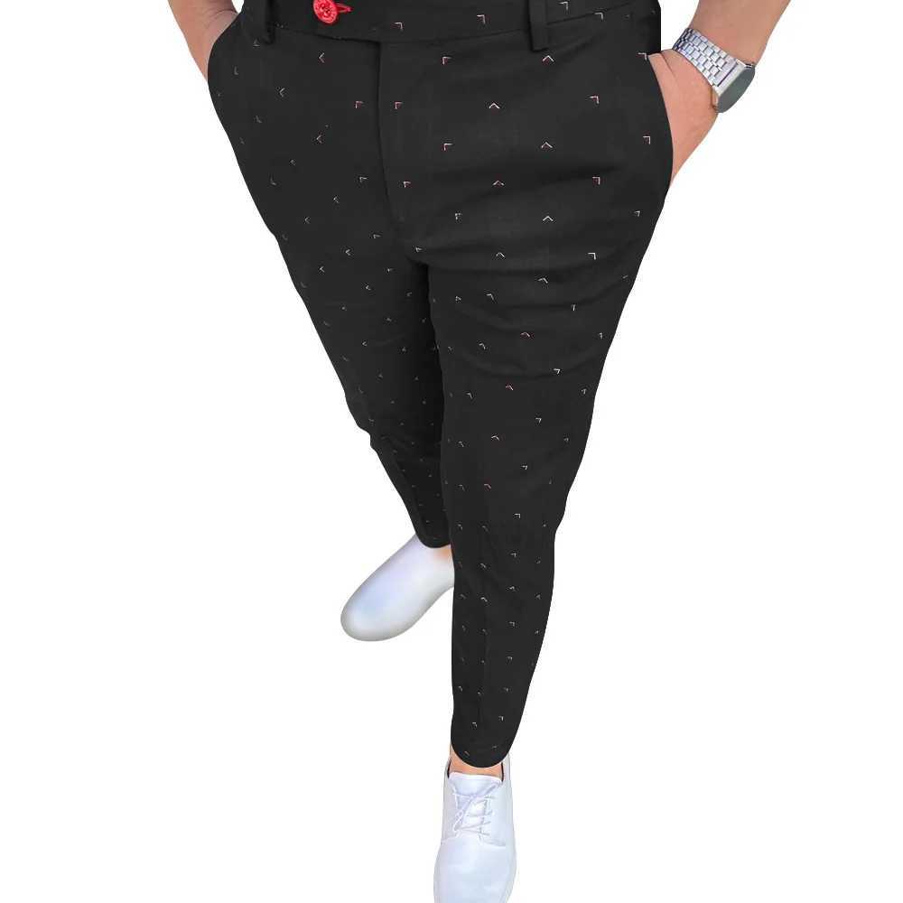 Khaki mens casual geometric printed pants tight pencil pants zipper elastic waist pants oversized mens clothing W250225