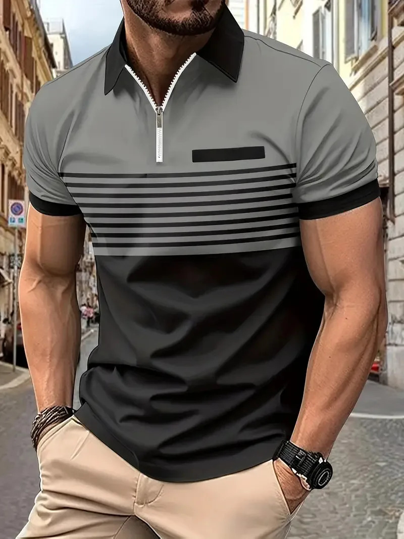 Summer Striped 3D Printed Mens Polo T Shirt Fashion Lapel Button Zipper Top Hipster Trend Streetwear Short Sleeve Tops 250318