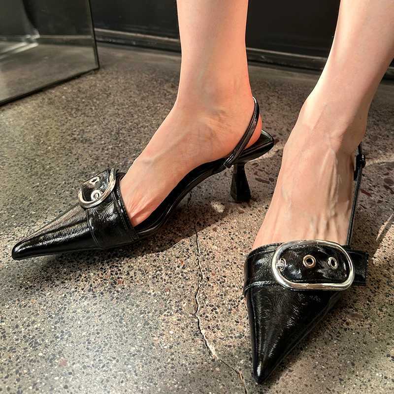 Female Slingbacks New Pumps Slides Women Heels Shoes 2025 Pointed Toe Footwear Fashion Metal Buckle Ladies High Heels ShoesC250225