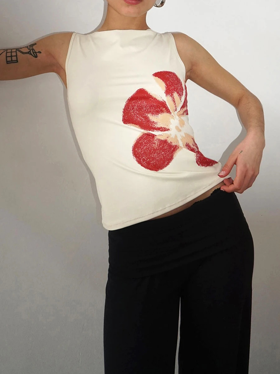 2024 Fashion Womens Crop Tank Tops Fitted Flower Print Boat Neck Sleeveless Summer Tops for Party Club 250224