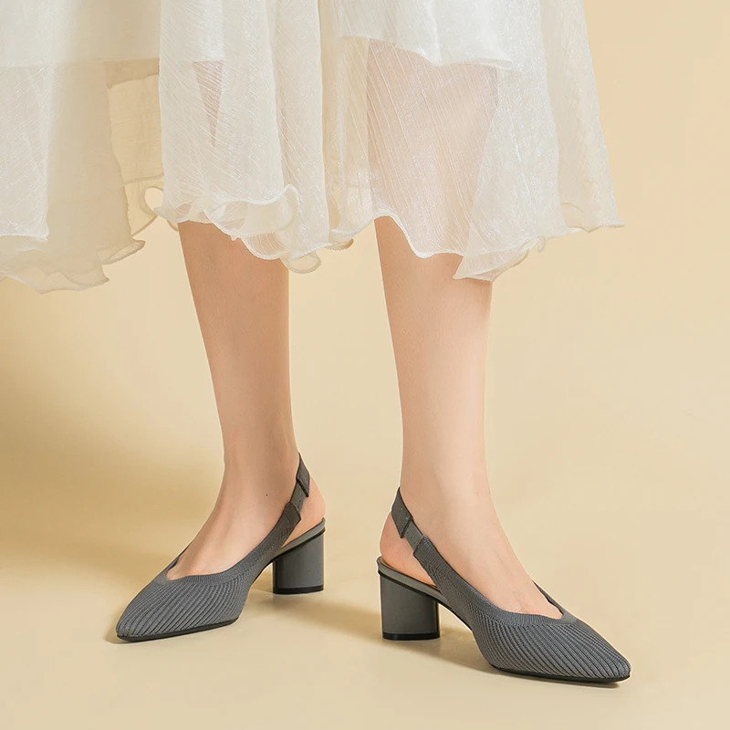 Large Womens High Heel Sandals Fashion Stripes Soft and Breathable Knitted Round Thick Heel Shoes 2025 High Heel 5cm 250224