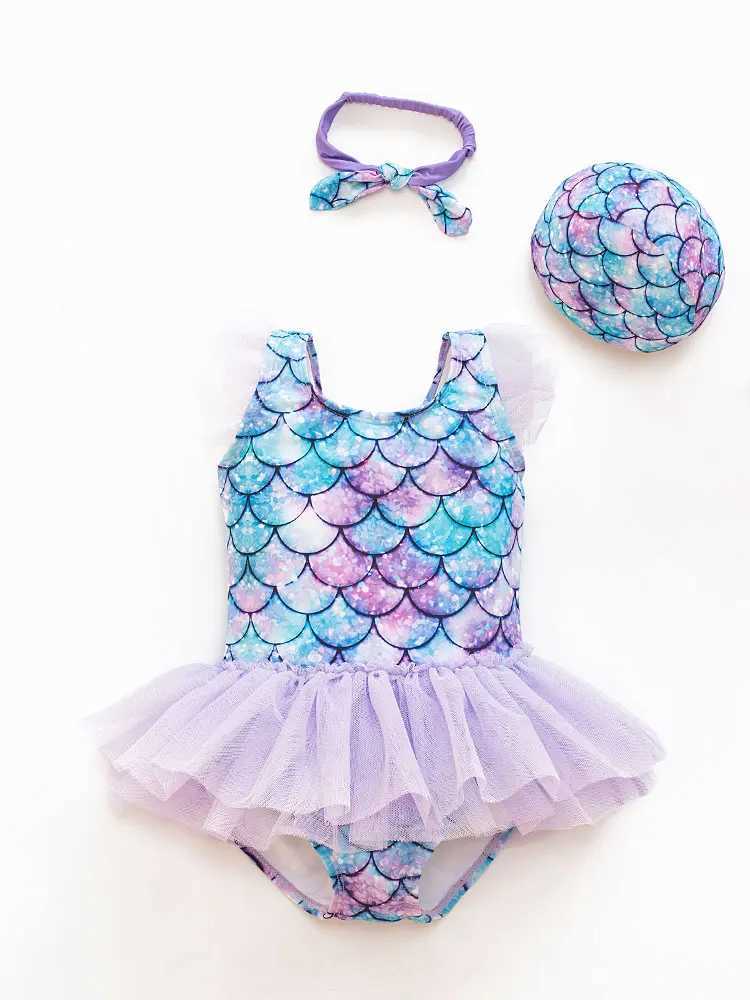 New Girl Baby Mermaid Swimsuit Princess Fashion cartoon Fish Scale Print Ballet One Piece Kids Sequin Tulle Swimsuits X250224