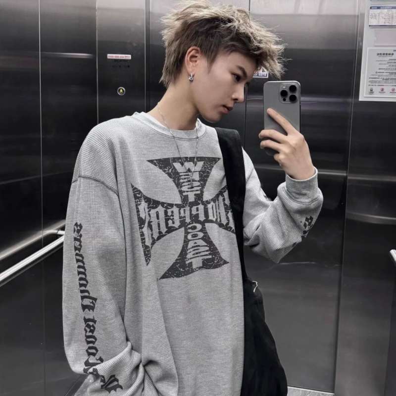 Large fashion brand Waffle fabric men's casual American Gothic style long sleeved T-shirt base shirt for spring