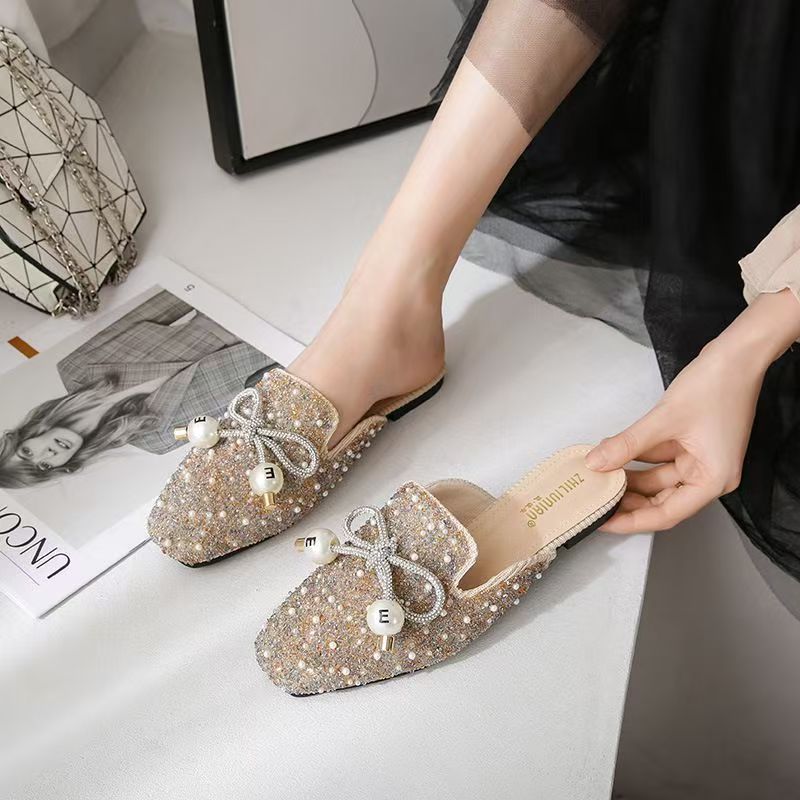 2025 Stylish rhinestone pearl slippers retro personality slip-on baotou single shoes comfortable light beautiful casual