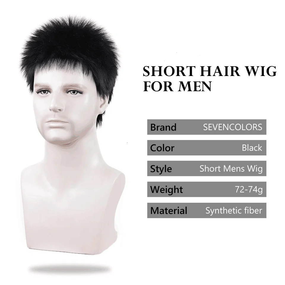 Mens Black Wigs Short Layered Fluffy Wig for Men Male Synthetic Hair Black Buzz Cut Wigs Daily and Cosplay Wig 250224