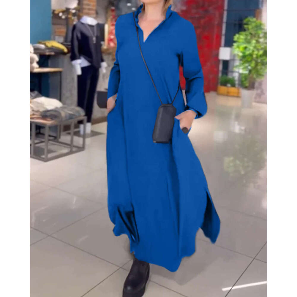 Autumn Winter New European And American Casual Loose Solid Color V-Neck Pullover Long Sleeved Dress For Women