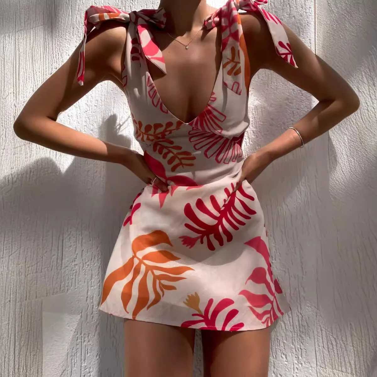 Summer sexy Le printed shoulder strap short sleeved womens V-neck strapless bow vacation party beach mini dress VestidosXJ250224