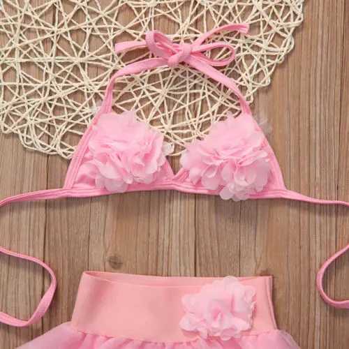 1-6 Years Little Girls Summer Pink Sweet Flower Swimsuit Halter Neck Floral Top + Tutu Bikini Swimsuit with Panties X250224