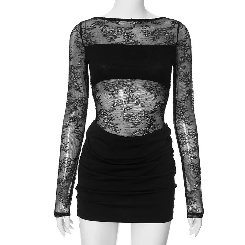 Talenza Lace Sheer High Waist Mini Dress Womens Solid Color Patchwork Print Short Dress Sexy Slim Long Sleeve Mini Dress Y2k 250225