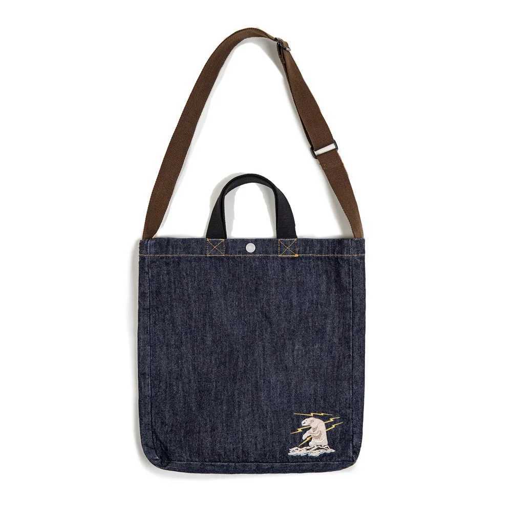 Maden 14 oz denim shoulder cross bag with denim embroidery large capacity mens daily portable flat handbag Z250224