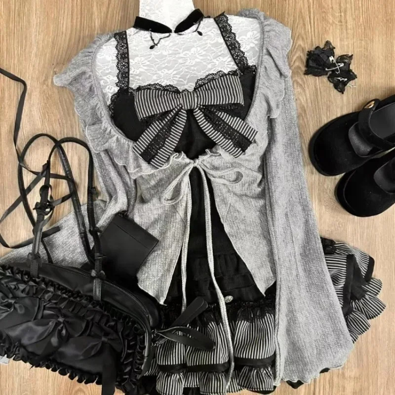 Sweet Lolita Lace Up Ruffles Cardigan Sexy Slim Fit Strapless Vest Tops High Waist Ruched Skirts Early Autumn Three Piece Sets 250224