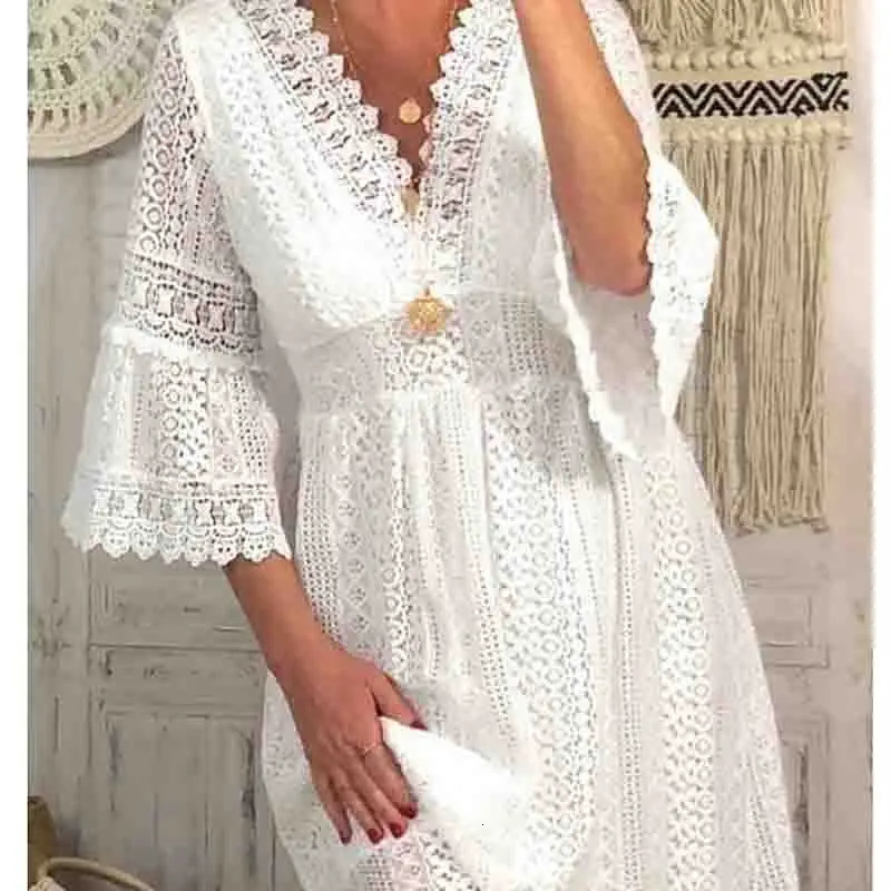 Fashion Hollow Out Sexy Lace Dress for Women Summer Short Sleeve White Party Dresses Knee Length Evening Dress Robe 28307 250222