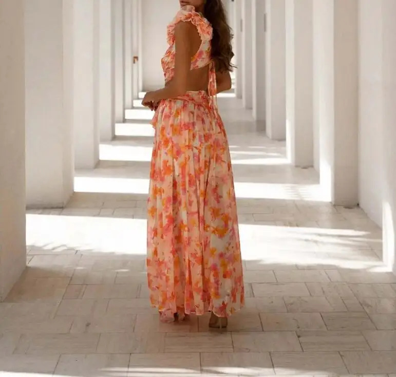 Fashion Sleeveless Hollowed Out Slim Fit Vneck Ruffle Trimmed Floral Backless Dress For Women3 Colors 250225
