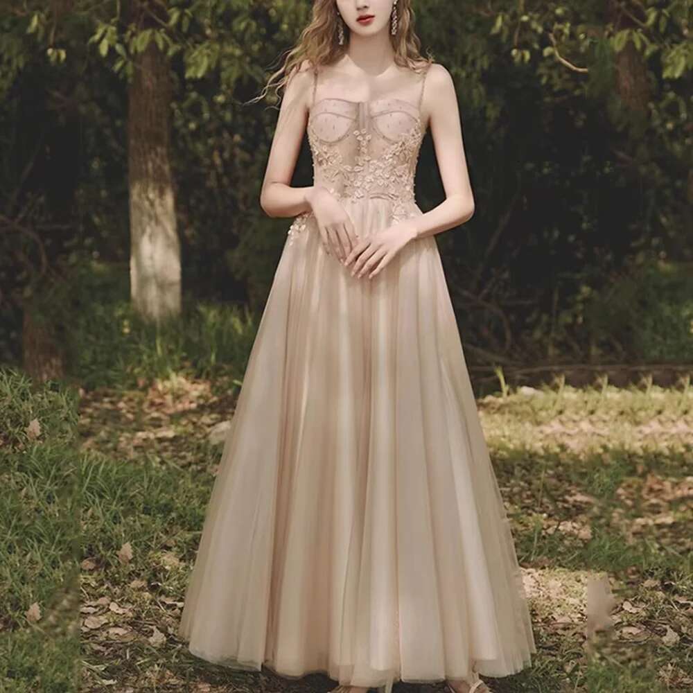 Stylish Champagne Spaghetti Appliques Night Back Lace Up Ankle And Fashion Princess Dress Ball Party prom Dresses