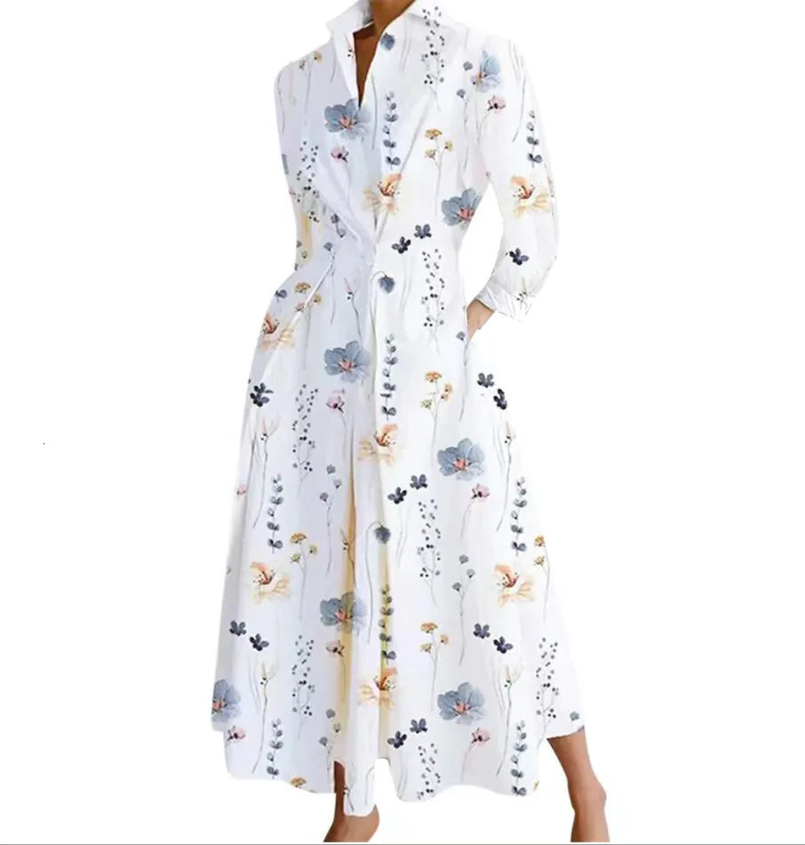 Plus size womens summer elegant lapel oil painting button up shirt dress Vestidos casual 3/4 sleeve dress party Vestidos 250222