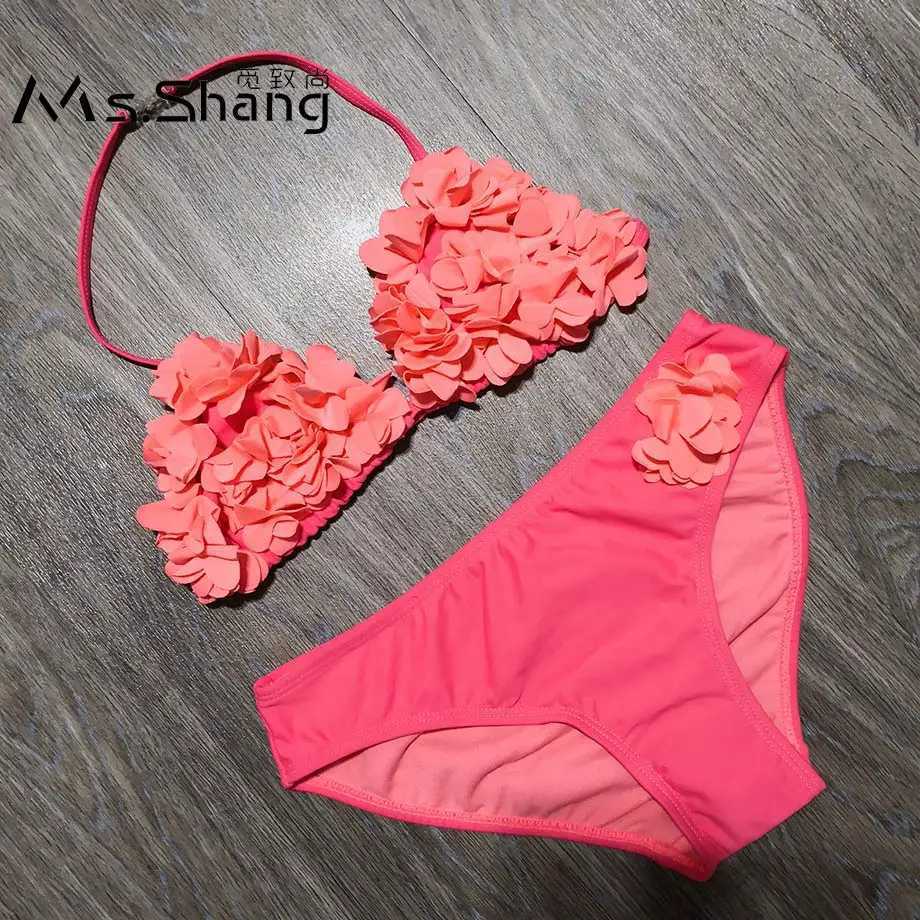 8-14 Years Childrens Two Piece Swimwear Pink Baby Girl Bikini 3D Flower Girl Swimsuit Kids Teenager Girl Bathing Suit Swim Wear X250224