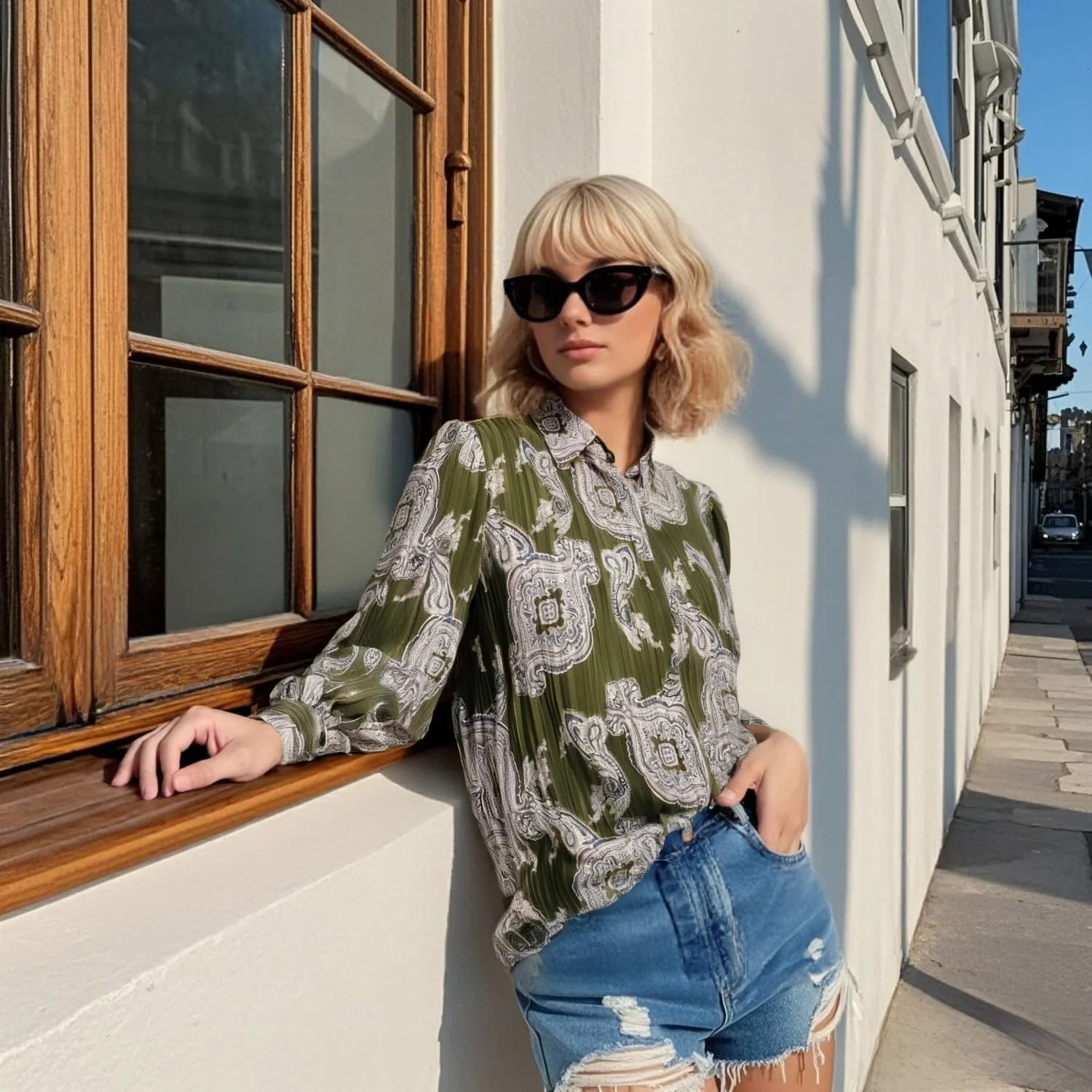 Taop Za Womens 2025 Spring Metallic Line Printed Shirt POLO Collar Lantern Sleeves Style Temperament Top 250224