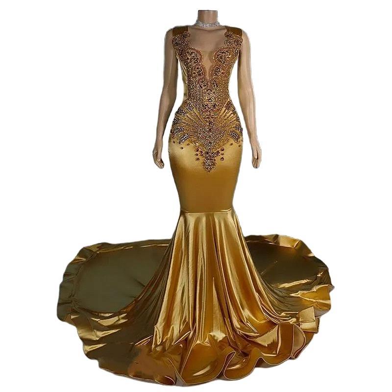 Gorgeous Gold Prom Dresses Sheer Jewel Neck Beads Appliques Crystals Mermaid Evening Party Gowns 2025 New Black Girls Robe De Bal Bc20315 B0313