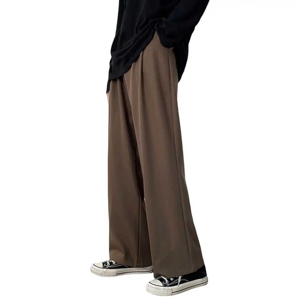 Mens Pants Loose Straight Wide Leg Solid Color Elastic Waist Match Top Breathable Mid Waist Mens Trousers Mens Clothes W250225