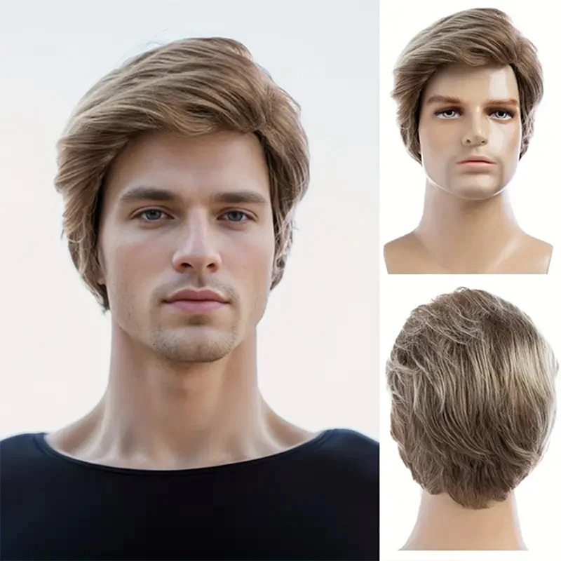 6 Inch Short Curly Synthetic Brown Wig Handsome Mens Heat Resistant Wig with Bangs for Daily Use 250224