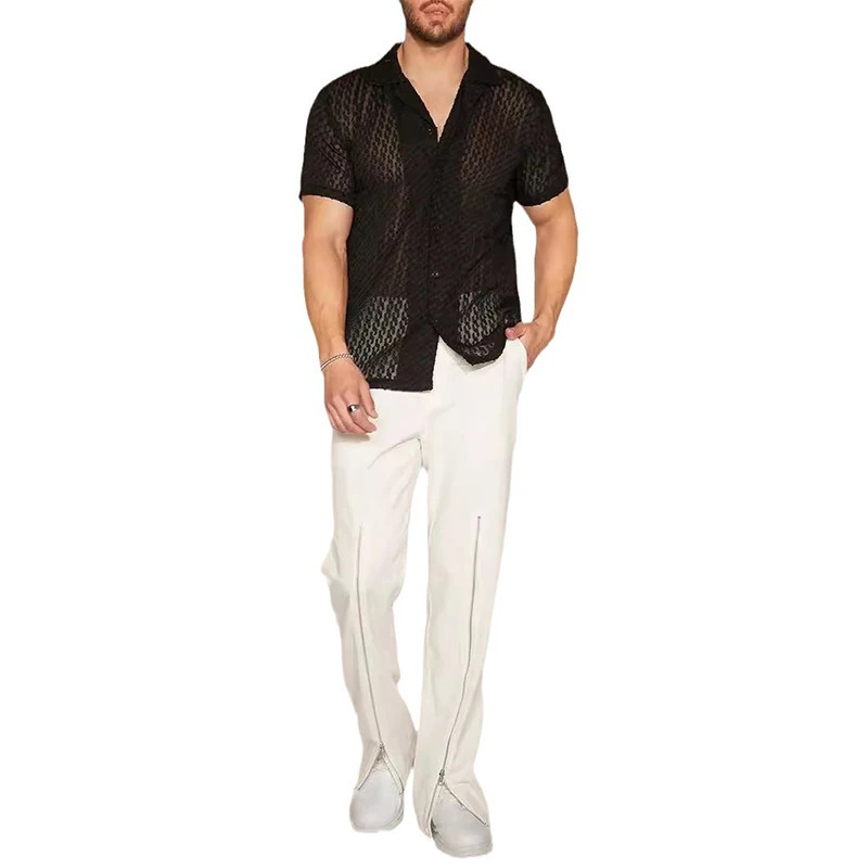 Vintage Lapel Buttoned Short Sleeve Mesh Shirts Men Summer Stylish See Through Hollow Out Shirt Vintage Mens Breathable Shirts 250222