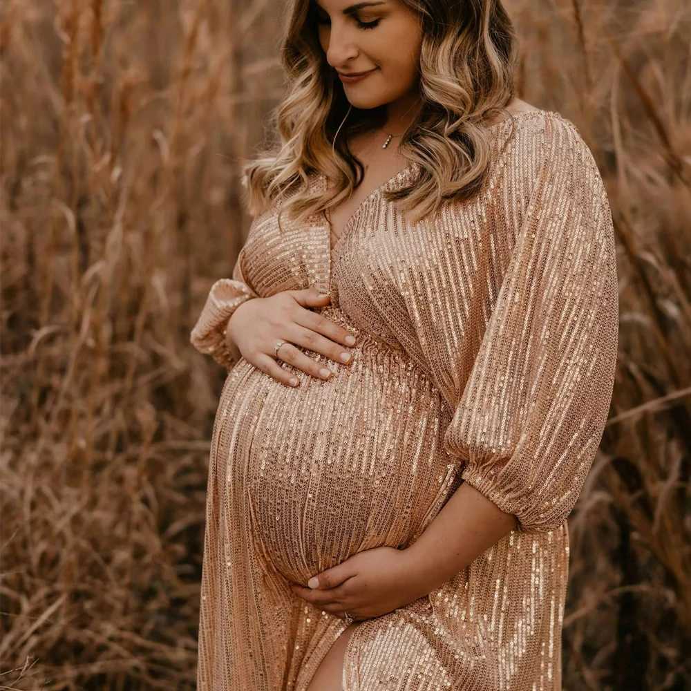 Maternity Photography Props Dress Elegant Vintage Sequin V-neck Dress For Photography Props Gown Clothes For Photo Shoot X250224