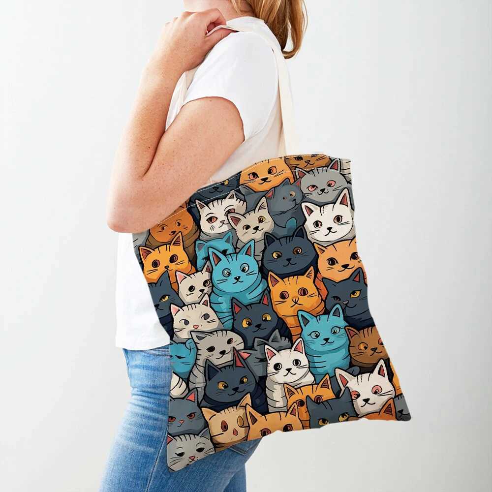 Fashion Cartoon Coffee Cat Womens Handbag Pet Animal Double Print Canvas Womens Shopping Bag Childrens Shoulder Handbag Z250224