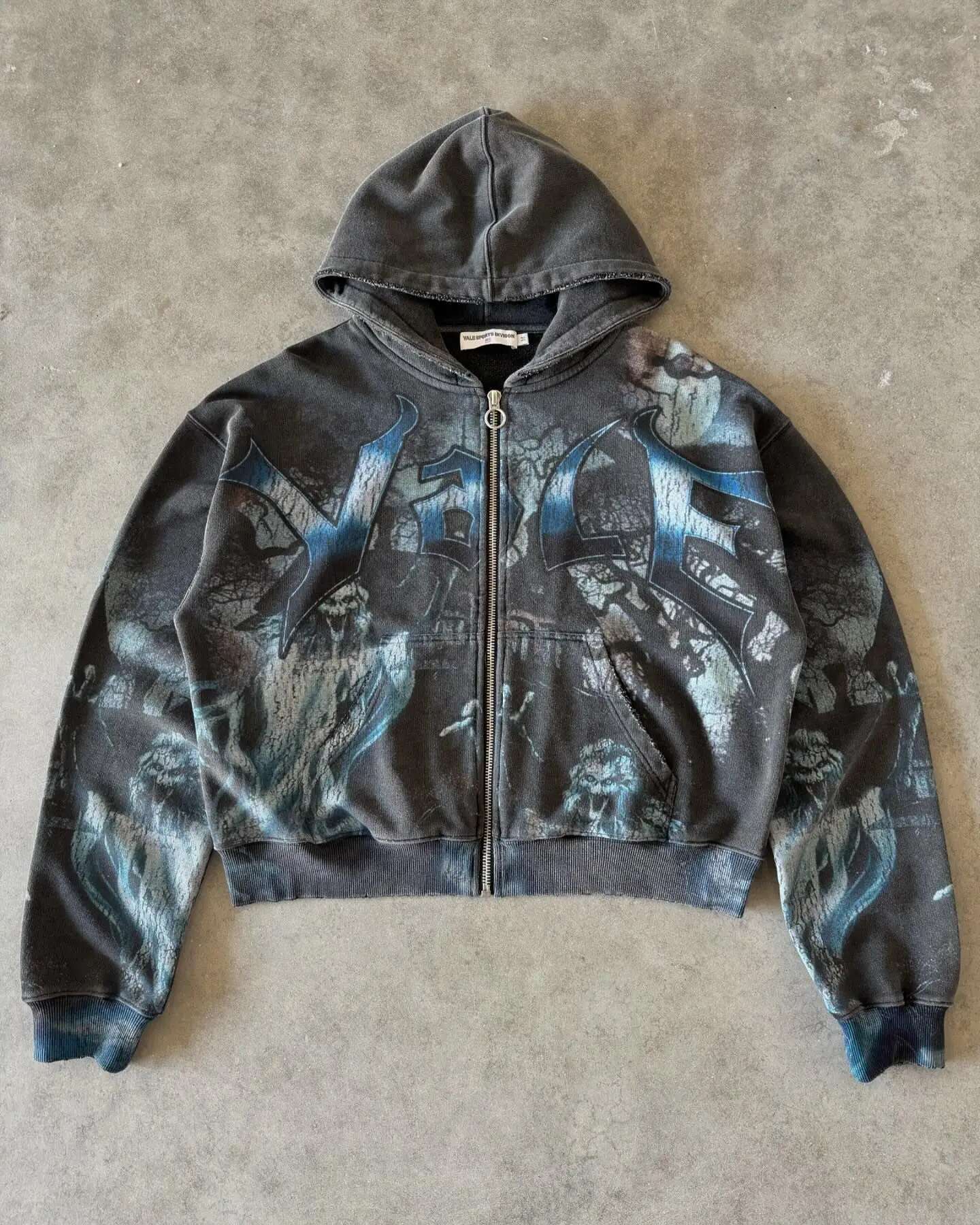 Y2k Gothic Women Washed Hooded Sweatshirt American Hip Hop Style Cartoon Letter Design Prints Street Leisure Cardigan Zipper Fit