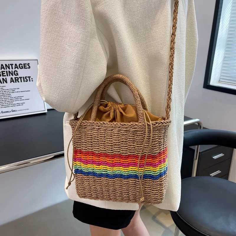 Rainbow Straw Handbags For Women Handmade Summer Seaside Beach Bag Fashion New Handle Bucket Bag Shopping Shoulder Bag Bolsa