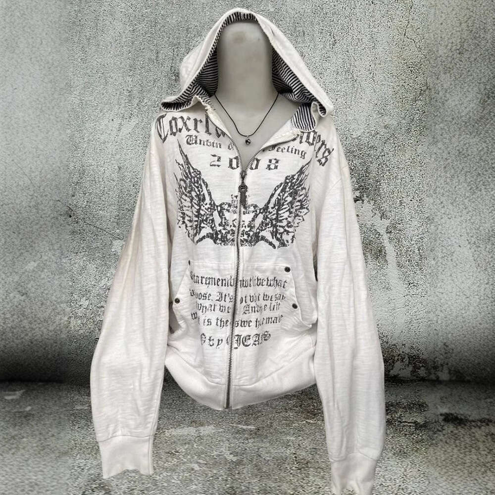 American printed graffiti zipper hoodie Harajuku dark hooded casual jacket for women vintage Gothic