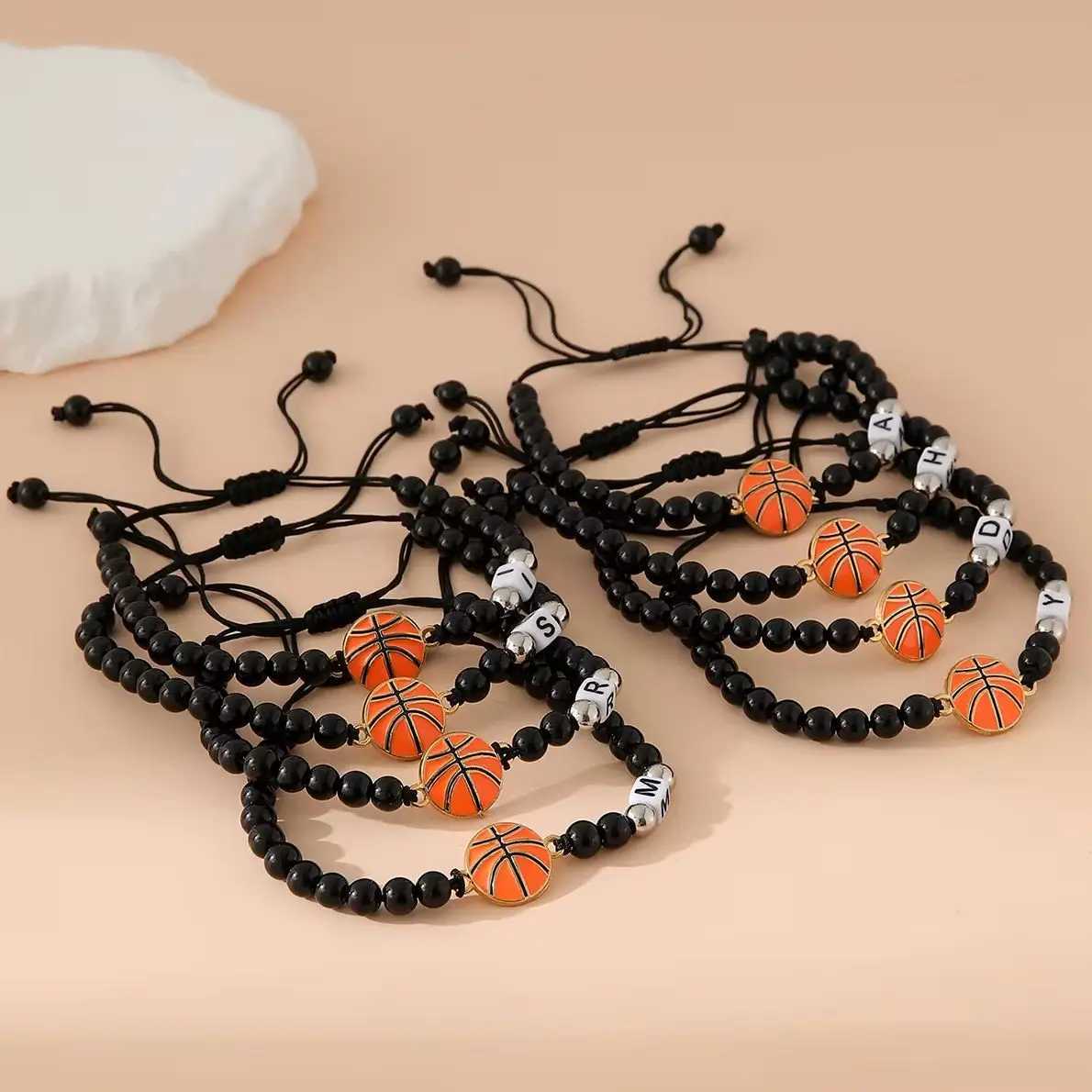 ZIRUISP New Basketball Black Shiny Beads Bracelets For Men And Women With 26 Name Initials A-Z Jewelry GiftsXJ250225