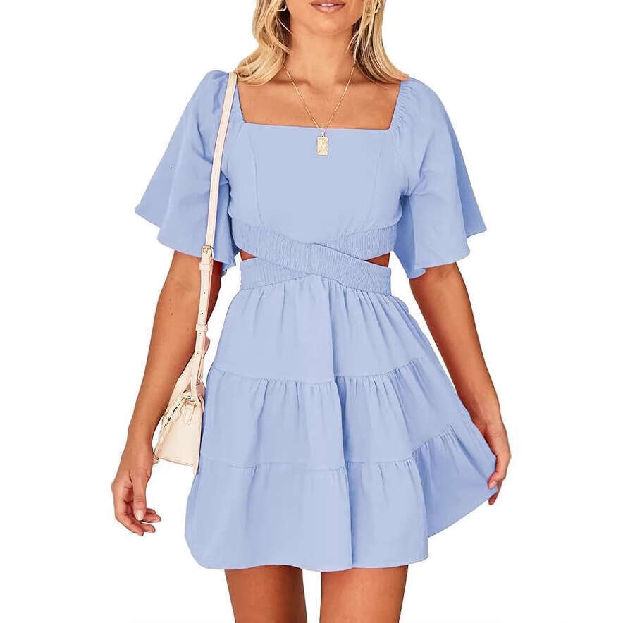 European American Spring/Summer New Women's Solid Color Elastic Waist Fresh And Sweet Square Neck Short Dress