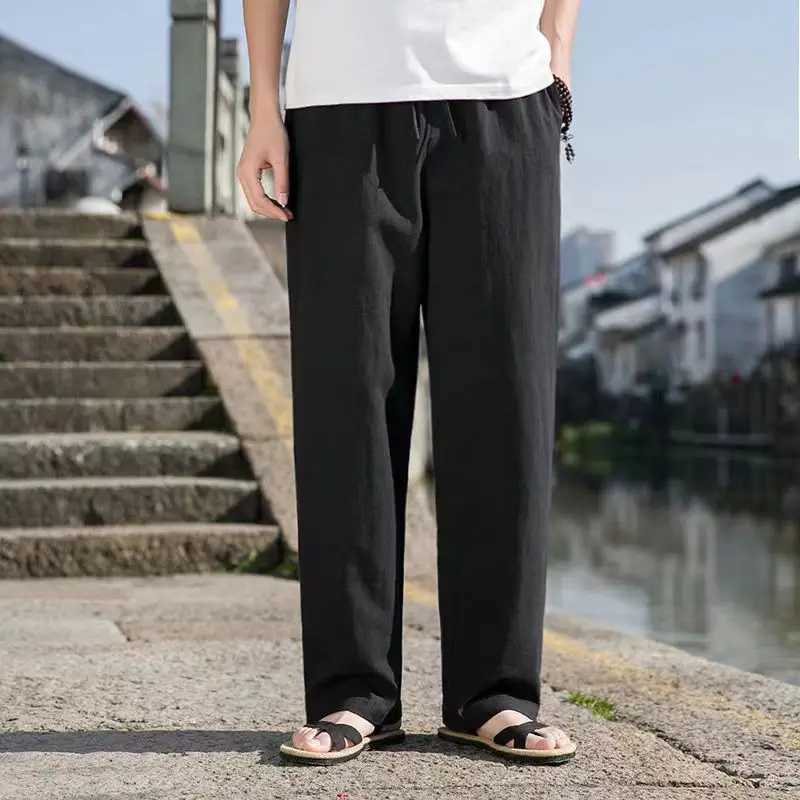 Chinese style loose linen casual pants mens spring and summer thin straight leg cotton linen wide leg harem Trouser lantern W250225