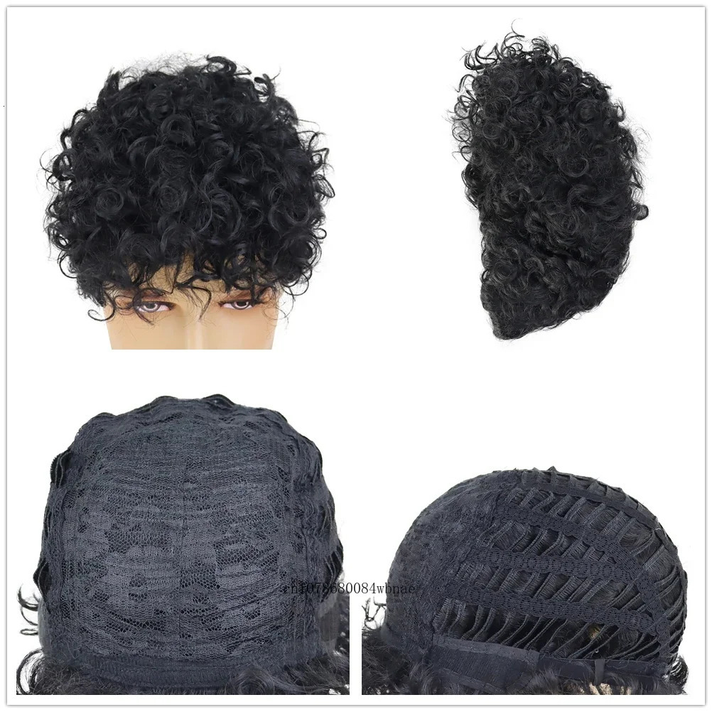 Black Afro Wig Synthetic Fiber Short Curly Wig with Bangs for Men Male Elastic Toupees Daily Costume Party Hair Replacement Wigs 250224