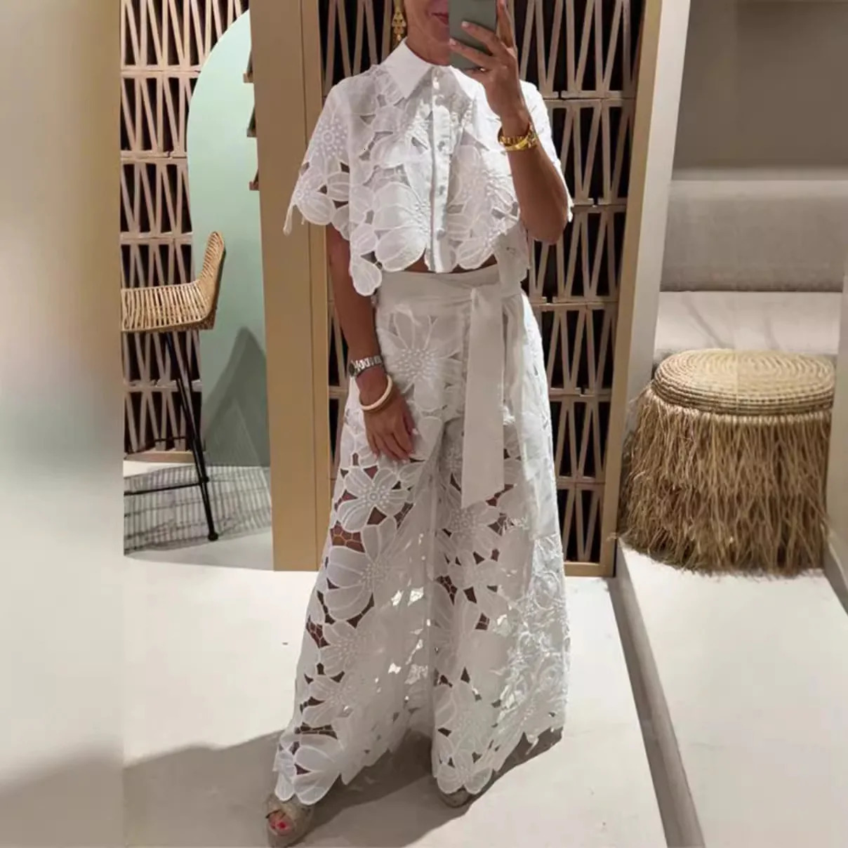 Elegant Lapel Half-sleeved Crop Top Wide-leg Pants Sexy Hollow 2-piece Set Women Fashion Spring Solid Color Loose Suit Female 250224