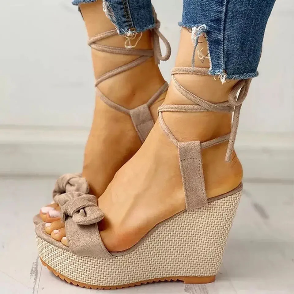 Womens Bow Knot Platform Wedge Sandals - Stylish Peep Toe Ankle Straps Lightweight Espadrille Comfort Heels for Everyday Fashion 250224