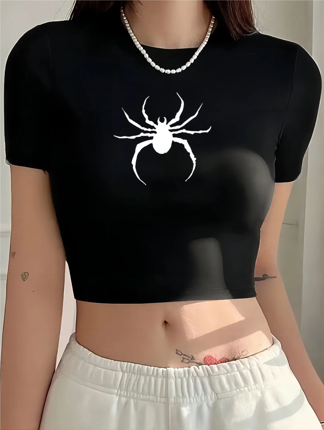 Y2k Spider Print Pattern Cropped Top Summer Fashion Straight Shoulder Slim TShirt 250214