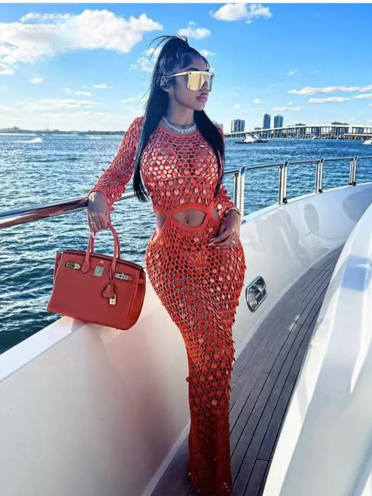 Fishnet Knitting Hollow Sequins Maxi Dress Sexy See Through Holiday Long Sleeve Slim Summer Vacation Beach Dresses
