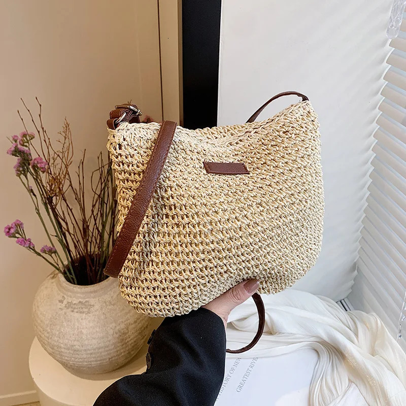 Bohemian Straw Beach Bags For Women High Capacity Handmade Shoulder Bag Casual Woven Tote Bag Shopping Clutch Handbag Purse 250224