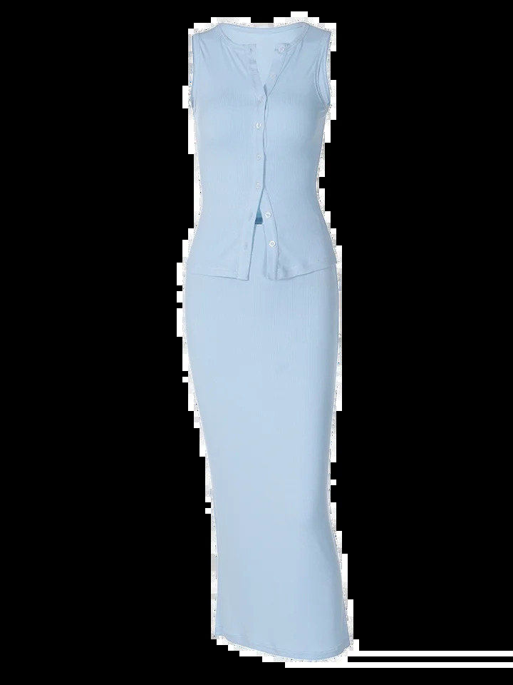 Dulzura Matching Suit Sleeveless Ribbed Single-Breasted Top Shirt Maxi Skirt 2024 Spring Summer WomenS Clothing Sexy Streetwear 250224