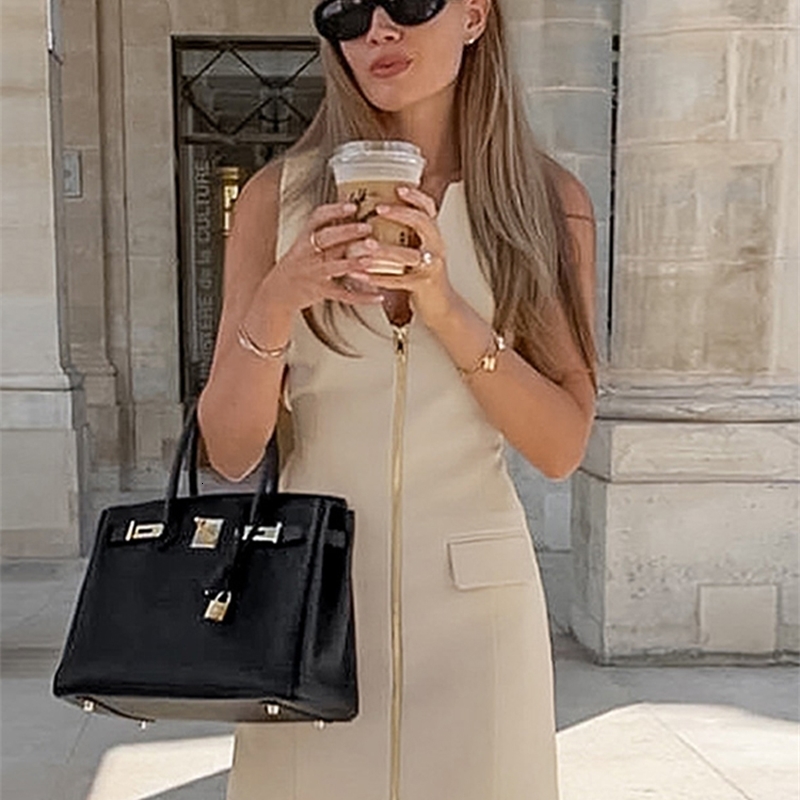 Elegant Womens Dress Solid Vneck Sleeveless Zipper Pockets Wrapped Hip Dresses Female Spring Summer Lady Commute Vestidos 250222