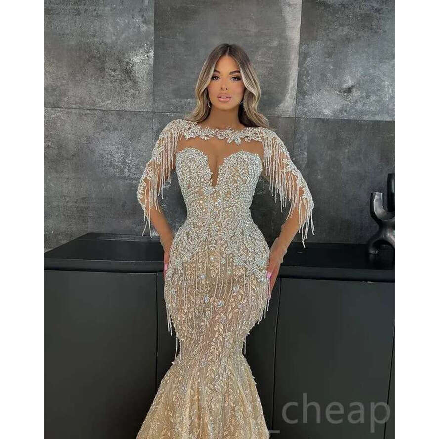 Aso Ebi Champagne Mermaid Prom Dress Beaded Crystals Evening Formal Party Second Reception Birthday Bridesmaid Engagement Gowns Dresses Robe De Soiree