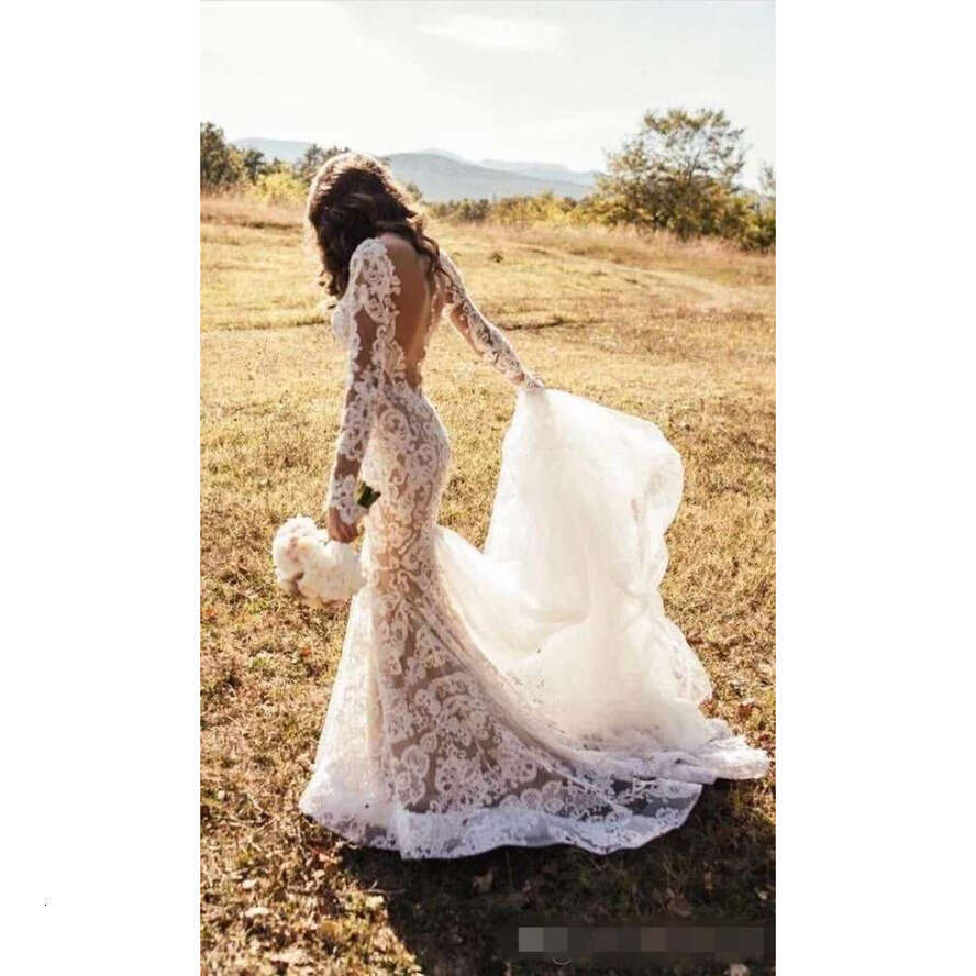 Sexy Backless Mermaid Dresses Lace Long Sleeves With Overskirt Sweep Train Plus Size Garden Country Wedding Bridal Gown
