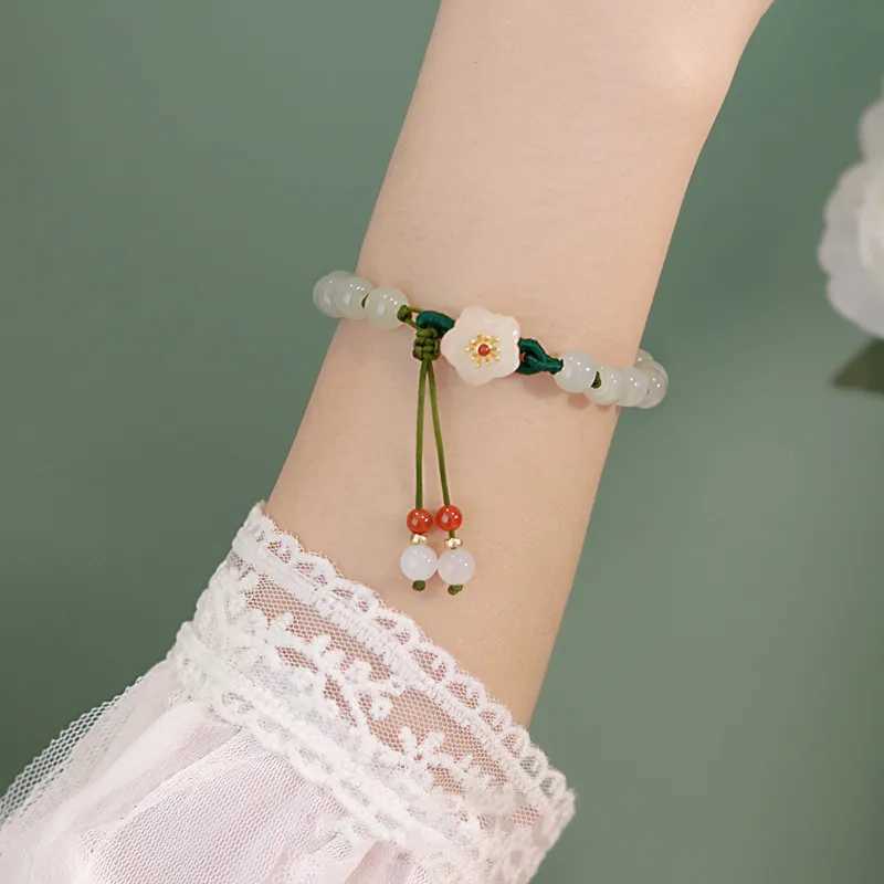 Jade Beads Small Peach Flower Woven Bracelet Female Minority Design Students Best Friend Gift Beads Bracelet Ins KnittingXJ250225