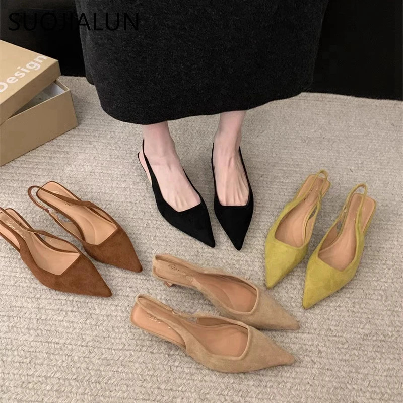 SUOJIALUN 2024 Spring Women Sandal Fashion Pointed Toe Shallow Slip On Dress Mules Shoes Thin Low Heel Slingback Sandal 250224