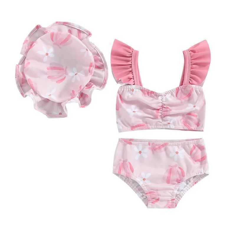 Toddler Baby Girls Summer Swimsuit Floral Print Fly Sleeve Tankini Tops Swim Shorts Swim Cap 3 Pieces Bathing Suit Beach Bikini X250224