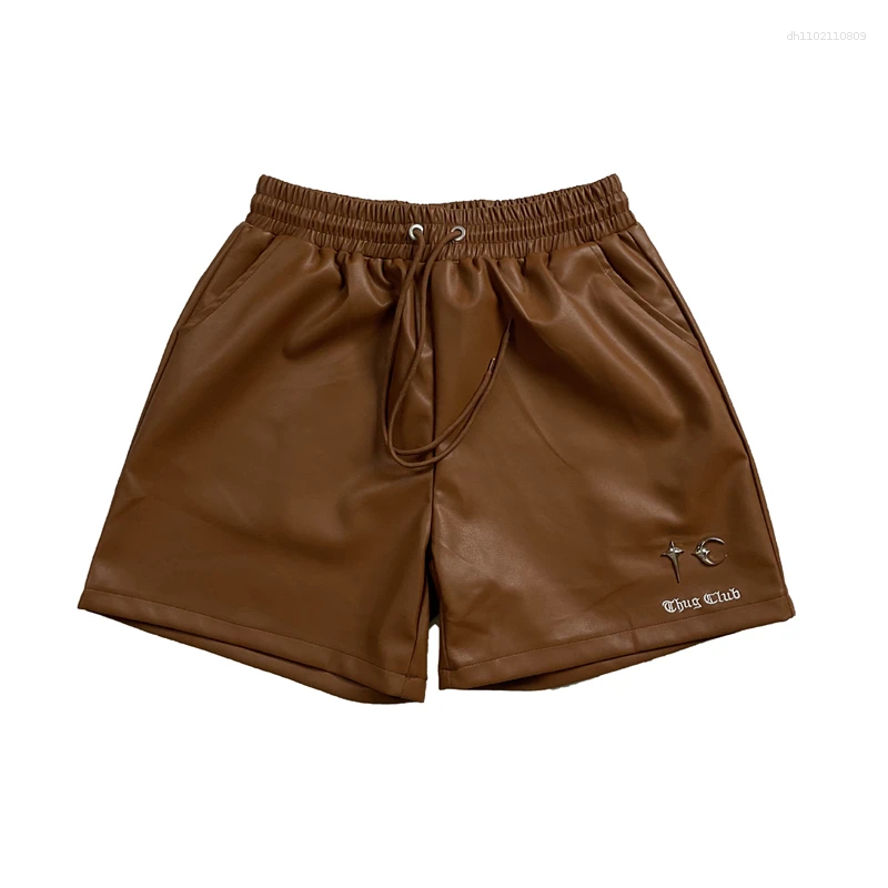 Men's Shorts High Street Vintage Metal Logo PU Leather Short Pants Summer Men Women Loose Drawstring Casual Trousers